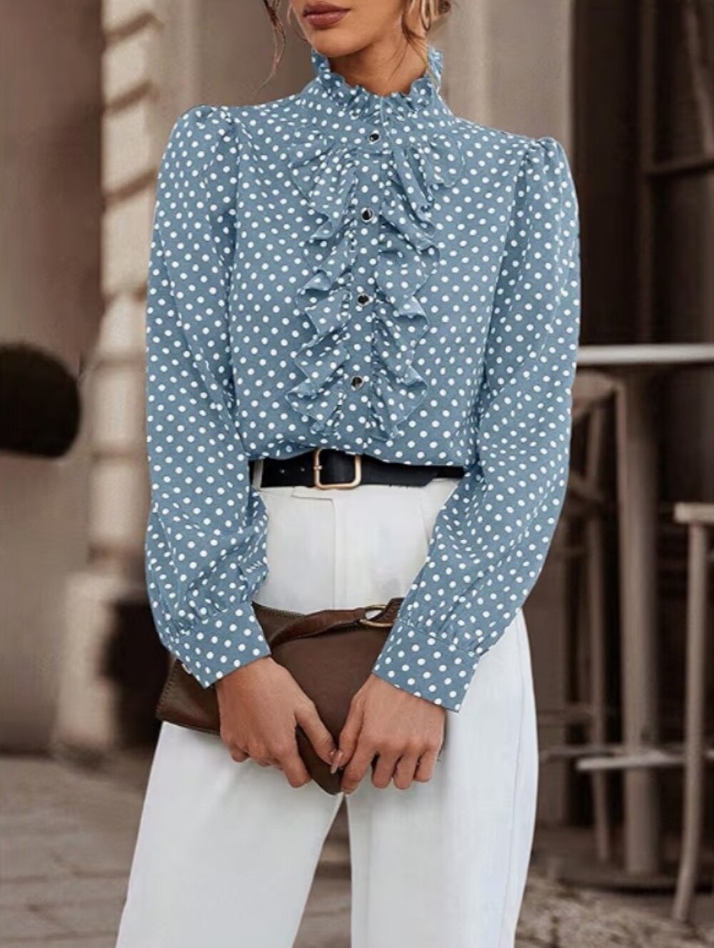 NWT Luxe Polka Dot Ruffle Trim Mock Neck Blouse Shirt Dusty Blue White Large